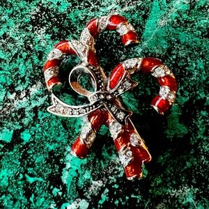 MONET Jeweled & Enamel Candy Canes Bow Brooch Silver-Tone Christmas Pin Vintage
